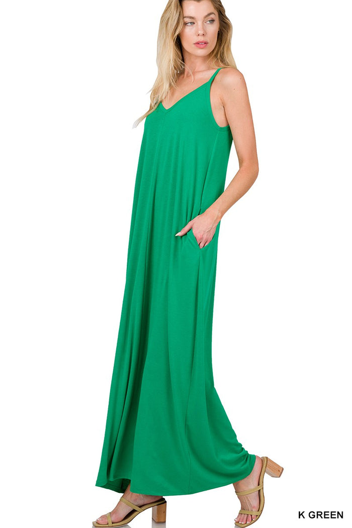 V-NECK CAMI MAXI DRESS WITH SIDE POCKETS