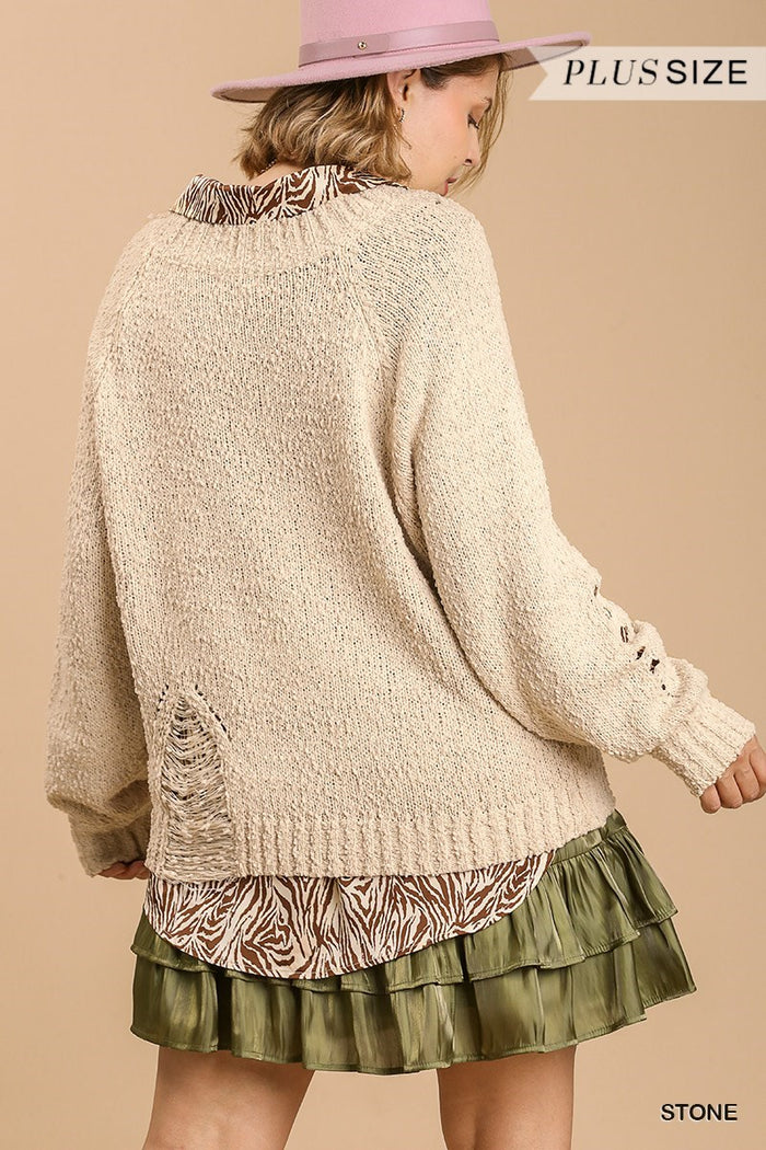 Stone Distressed Detail Round Neck Pullover Sweater