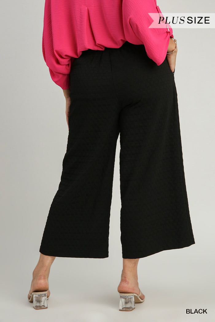 Black Square Jacquard Wide Fit Pants with Pleats & Elastic Waist