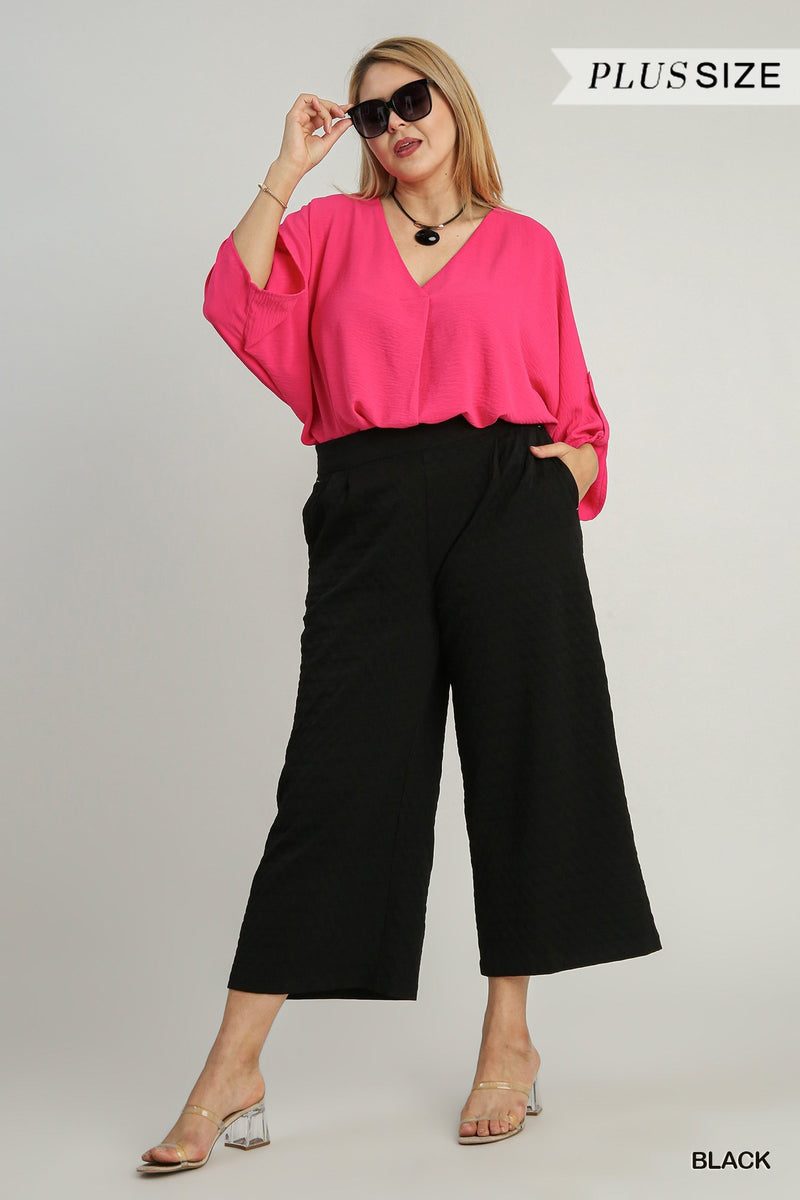 Black Square Jacquard Wide Fit Pants with Pleats & Elastic Waist