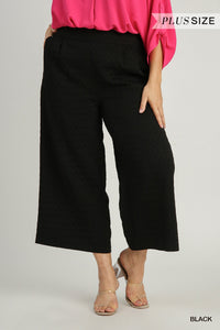 Black Square Jacquard Wide Fit Pants with Pleats & Elastic Waist