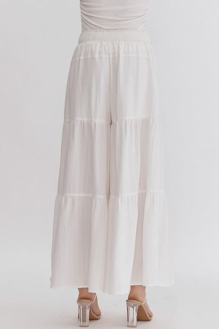 High Waist Smocked Waist Tiered White Pants