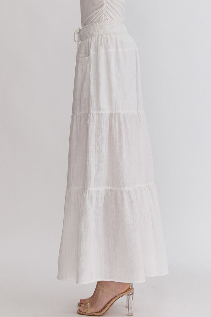 High Waist Smocked Waist Tiered White Pants