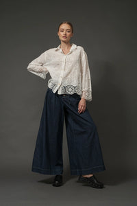 Yoka Pintuck Wide Leg Denim Pants