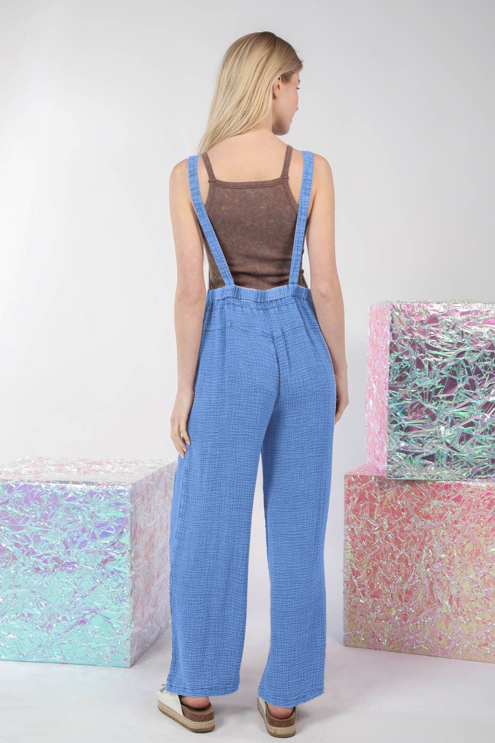 Blue Washed Gauze Casual Comfy Jumpsuit - Back