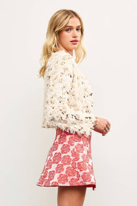 Sequin and Faux Feather Hook and Eye Close Crop Jacket