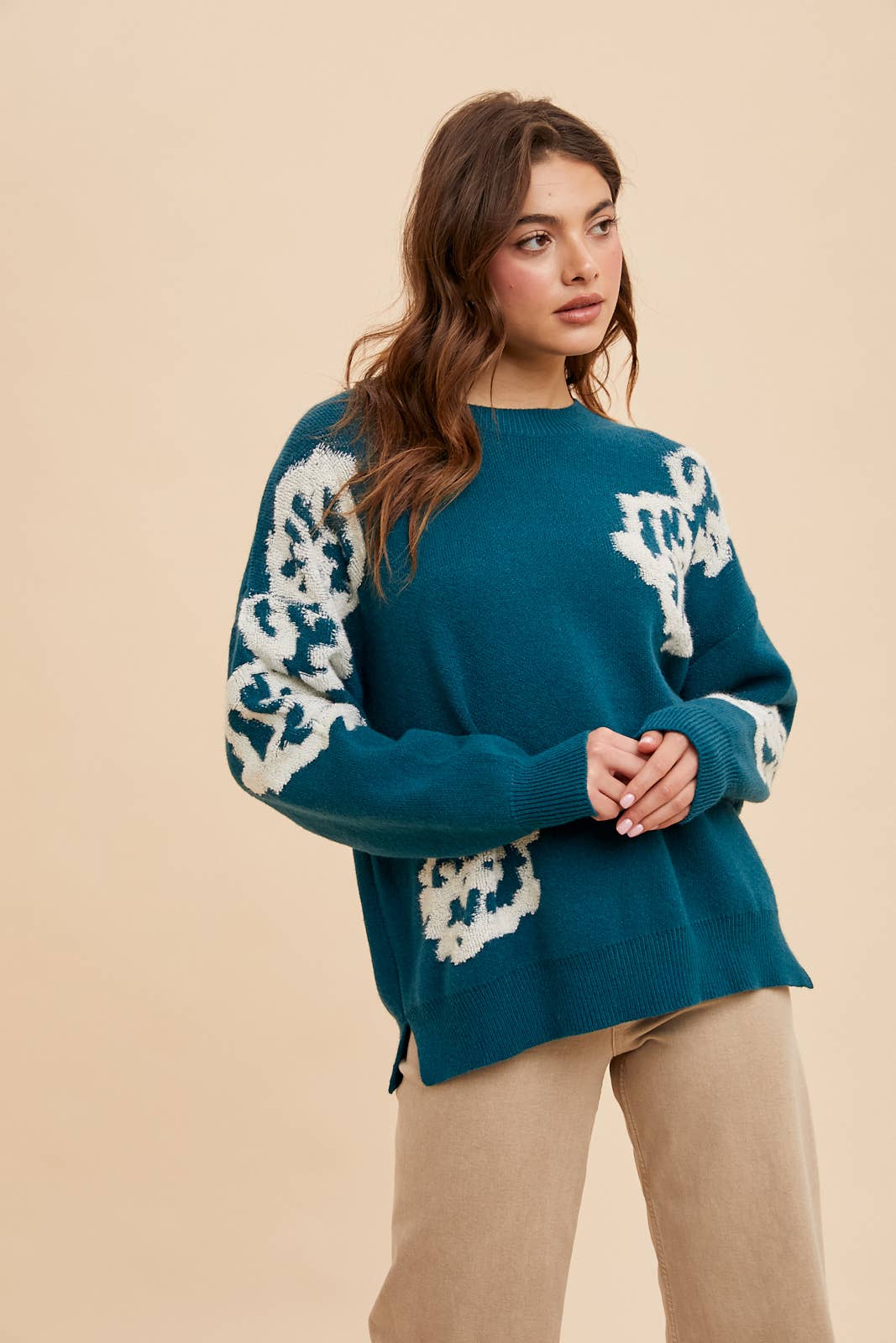 Turquoise Blue Intarsia Floral Knitted Sweater