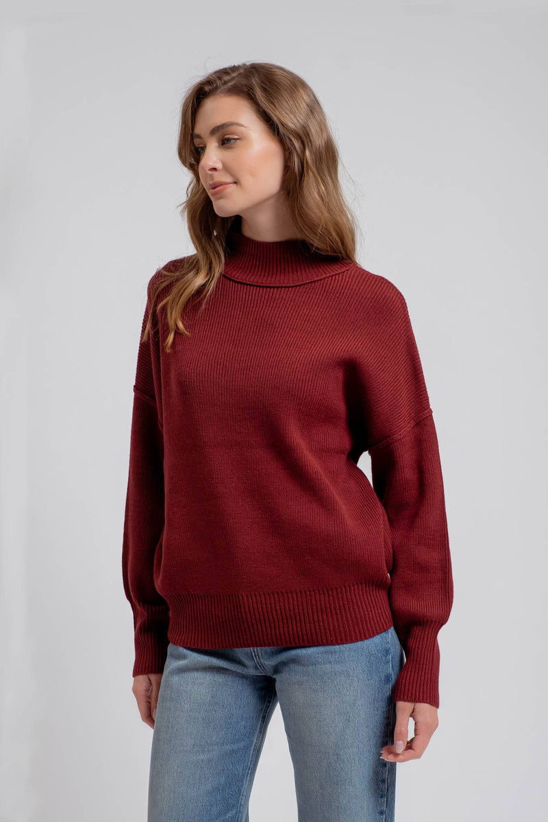 Mock Neck Ribbed Sweater with Extended Shoulders – Effortless Chic