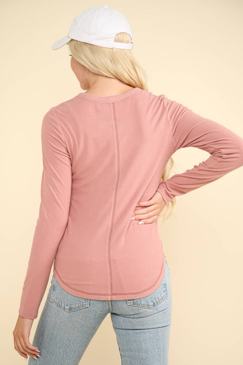 Blush Pink Soft Brushed Henley Long Sleeved Top