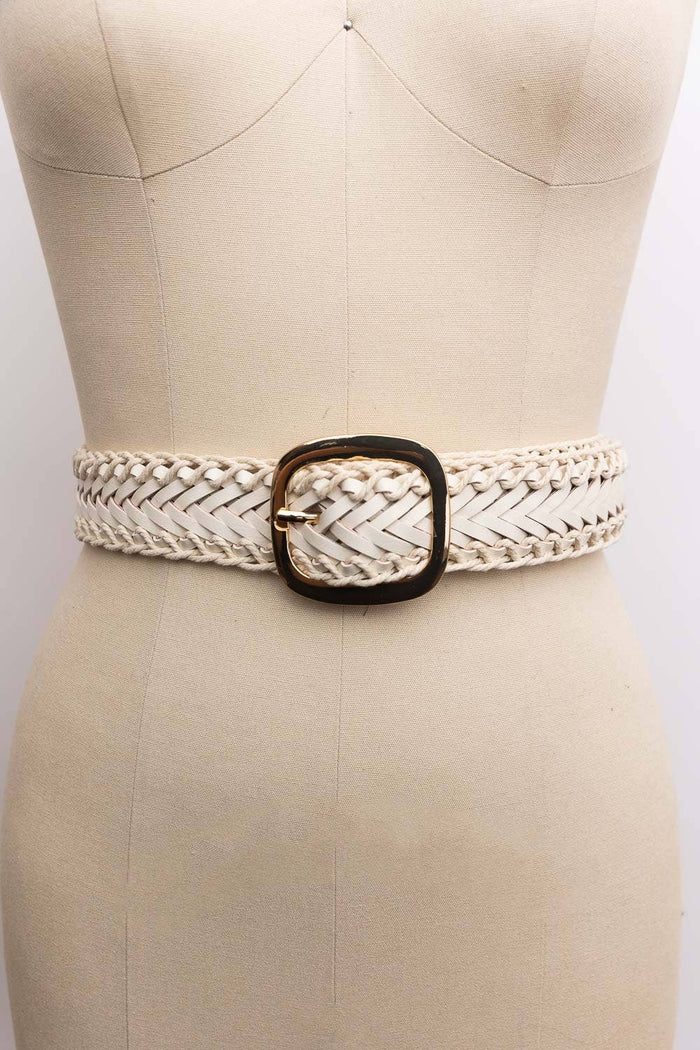 off white woven leather belt with gold buckle