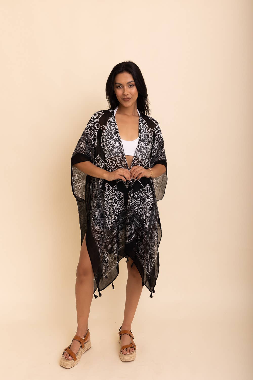 Versatile Kimono Cardigan with Tassels on model - front view