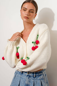 Chunky Knit Off White Cherry Cardigan