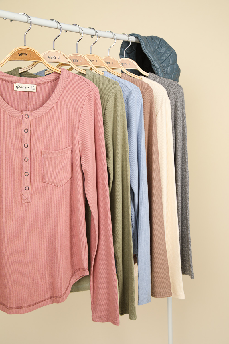 Blush Pink Soft Brushed Henley Long Sleeved Top