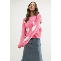 Heart Brushed Relaxed Crop Pink Sweater