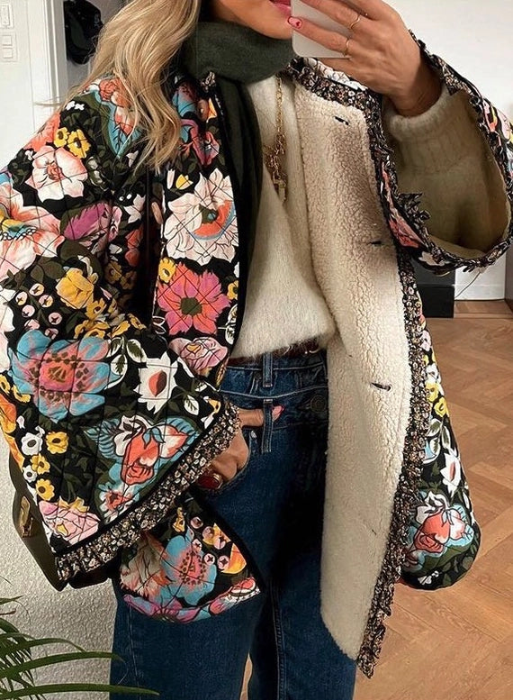 Flower Print Multicolor Quilted Jacket