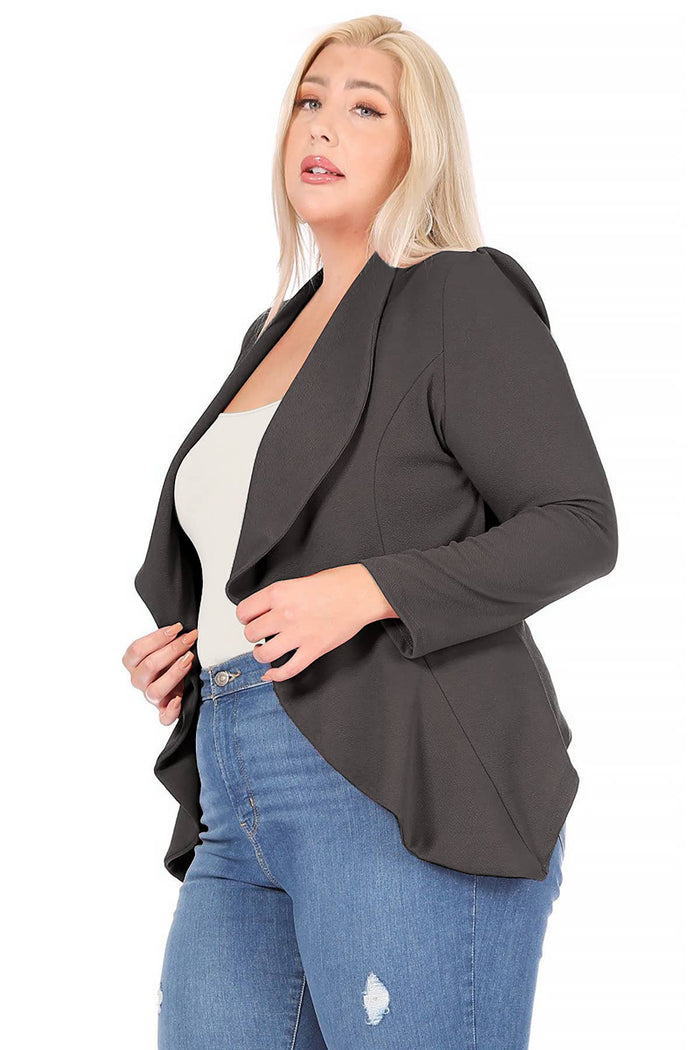 Women's Plus Size Long Sleeve Open Front Blazer- Charcoal Gray