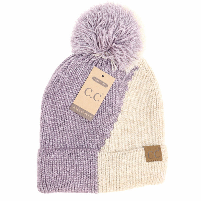 Two Tone Knit CC Beanie Hat - Violet/Beige