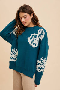 Turquoise Blue Intarsia Floral Knitted Sweater