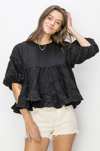 Black Short Balloon Sleeved Babydoll Shirt