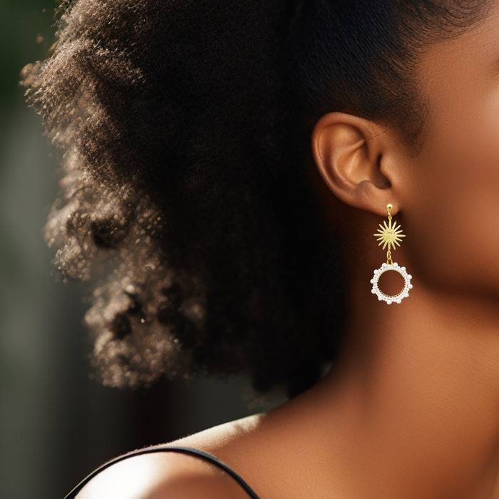 White Full Moon Beaded Earrings