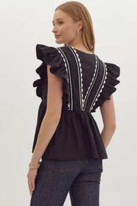 Black Ruffle Sleeve, V-Neck Top