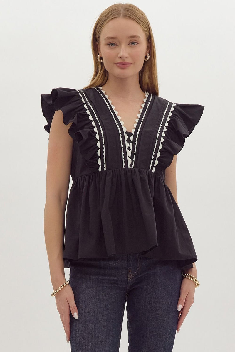 Black Ruffle Sleeve, V-Neck Top