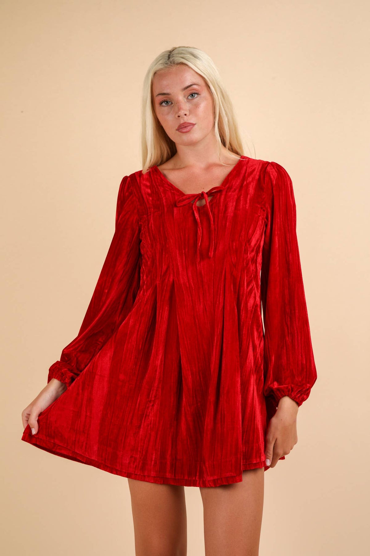 Red Front Ribbon Velvet Holiday Mini Flare Dress