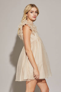 Beige Ruffle Sleeve V-Neck Dress