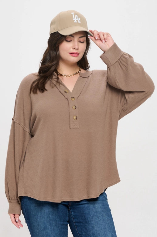 V-Neck Half Button Long Sleeve Top