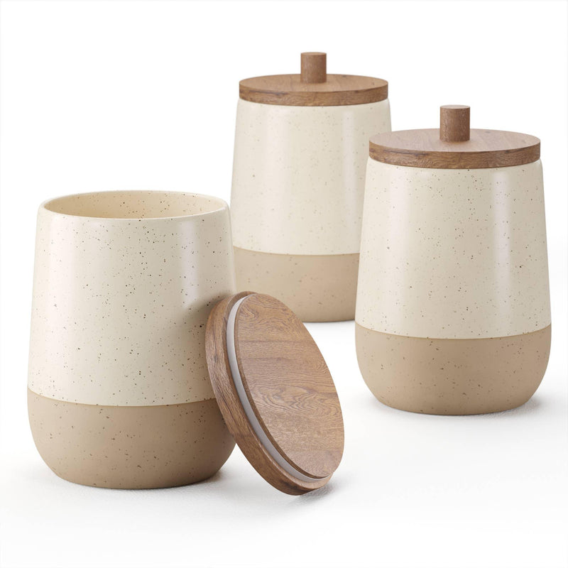 Ceramic and Wood Canisters, Beige
