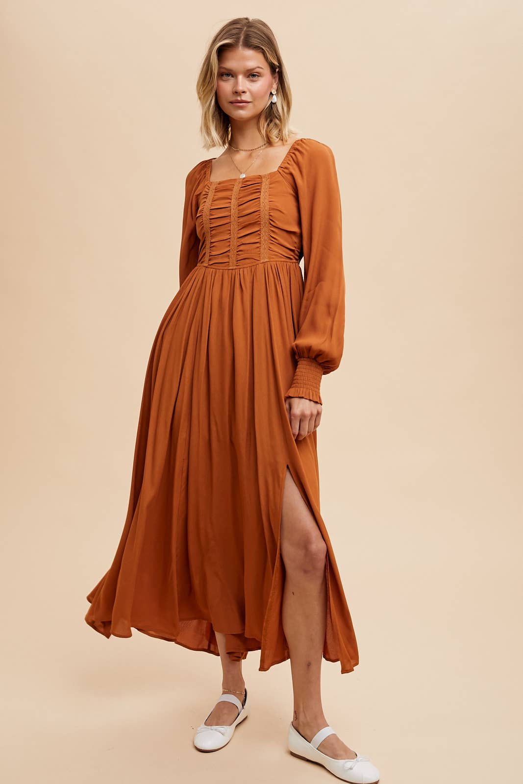 Rust Orange Ruched Bodice Square Neck Maxi Dress