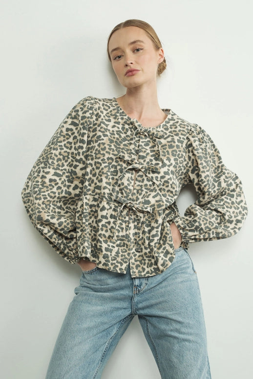 Long Sleeve Animal Print Bow Tie Blouse