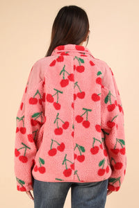 Pink Cherry Print Fleece Zip Up