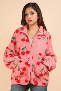 Pink Cherry Print Fleece Zip Up