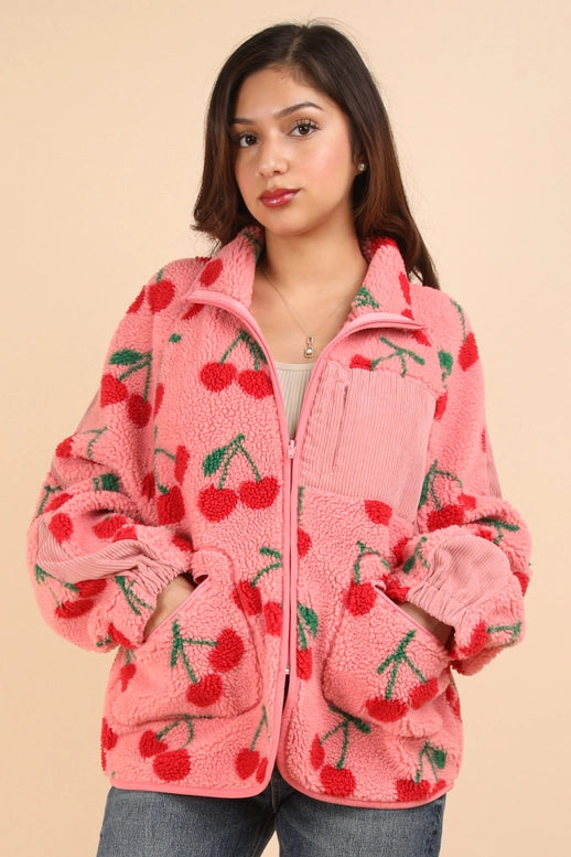 Pink Cherry Print Fleece Zip Up