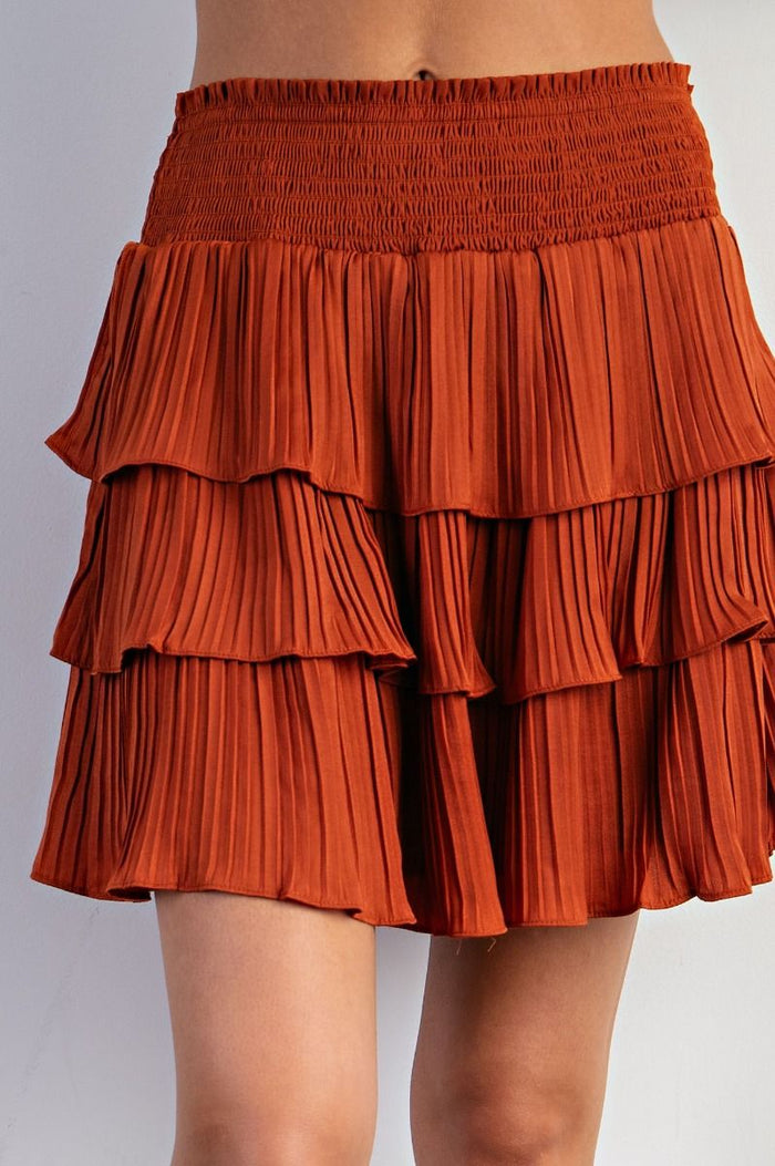 copper satin tiered mini skirt front