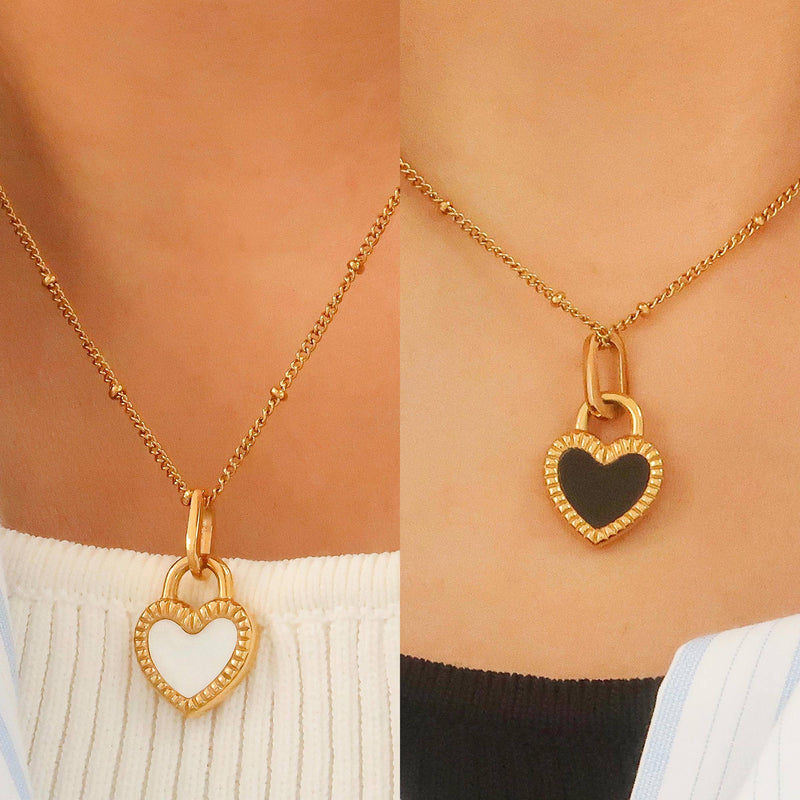 Kylie Non-Tarnish Double-Sided Black & White Heart Necklace