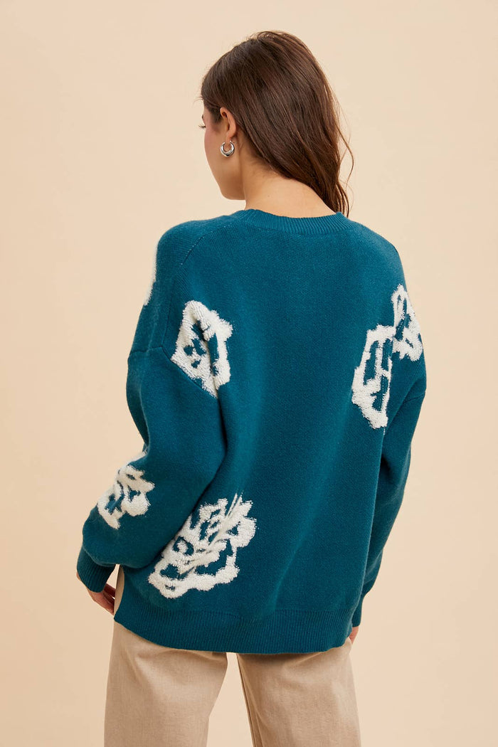 Turquoise Blue Intarsia Floral Knitted Sweater