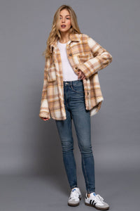 Long Sleeve Button Down Oversize Printed Faux Fur Jacket