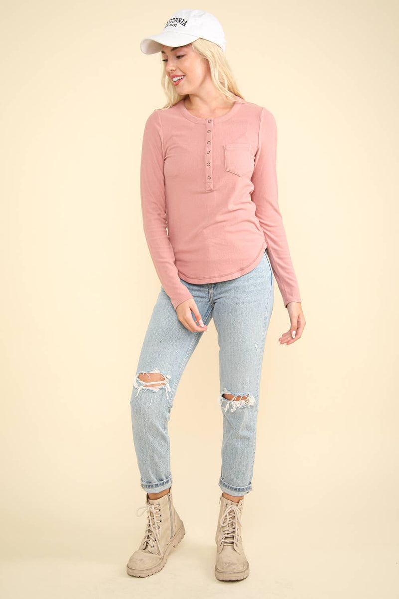 Blush Pink Soft Brushed Henley Long Sleeved Top