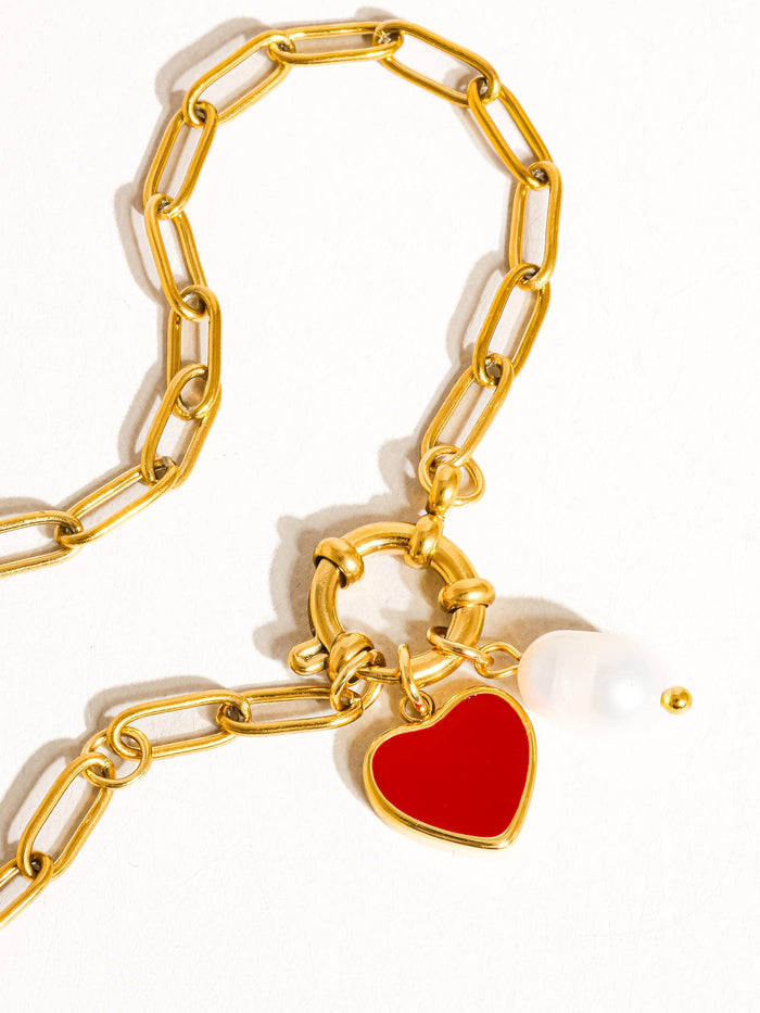 Eulalie 18K Gold Non-Tarnish Heart Pearl Chain Bracelet