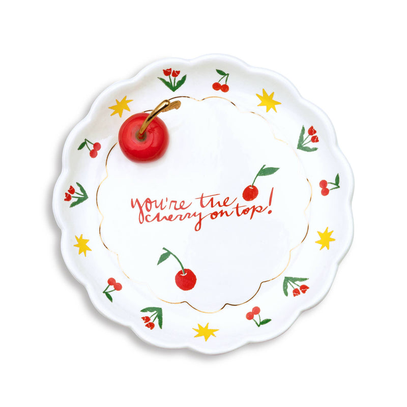 cherry on top porcelain tray with bright colors of red, yellow