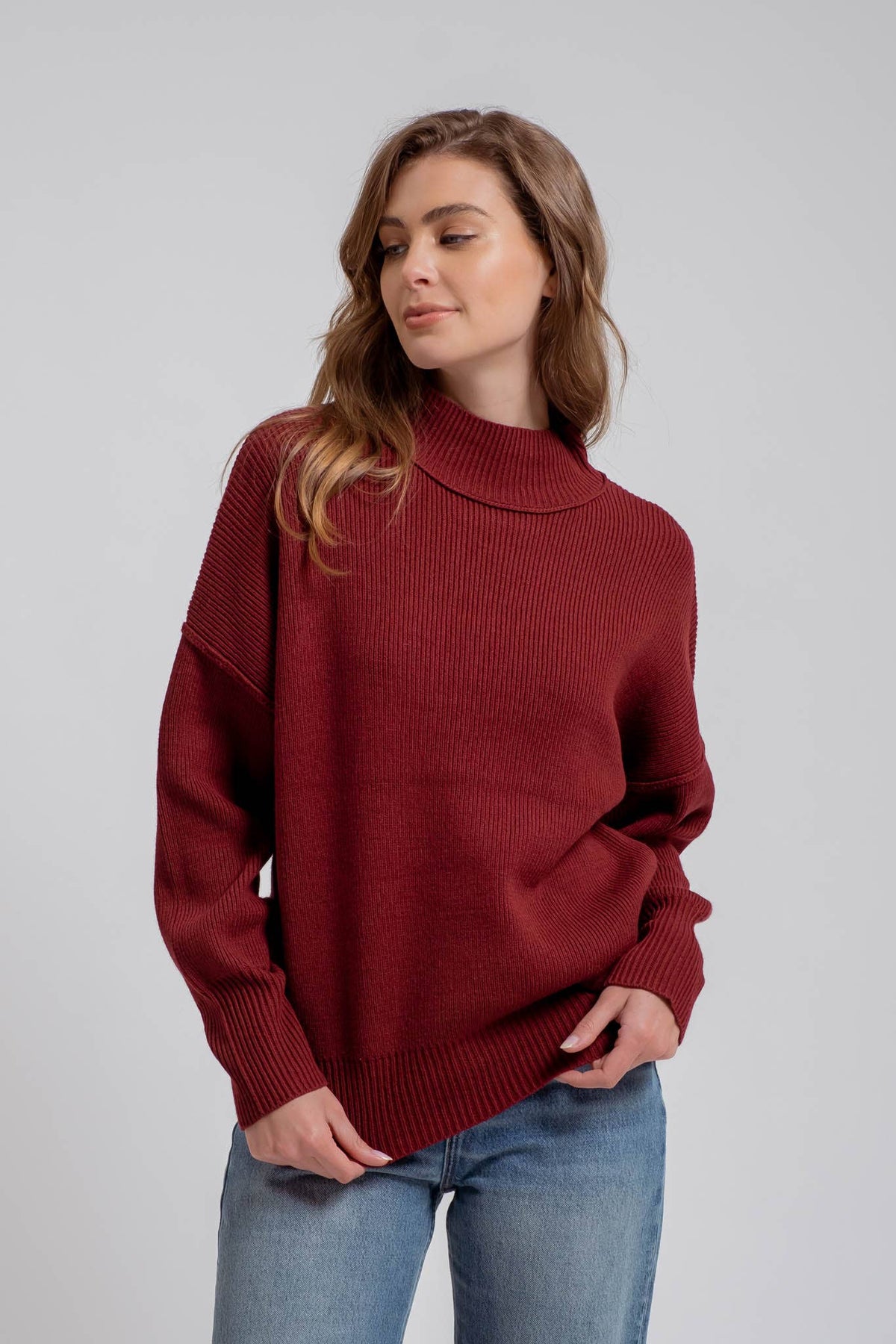 Mock Neck Ribbed Sweater with Extended Shoulders – Effortless Chic