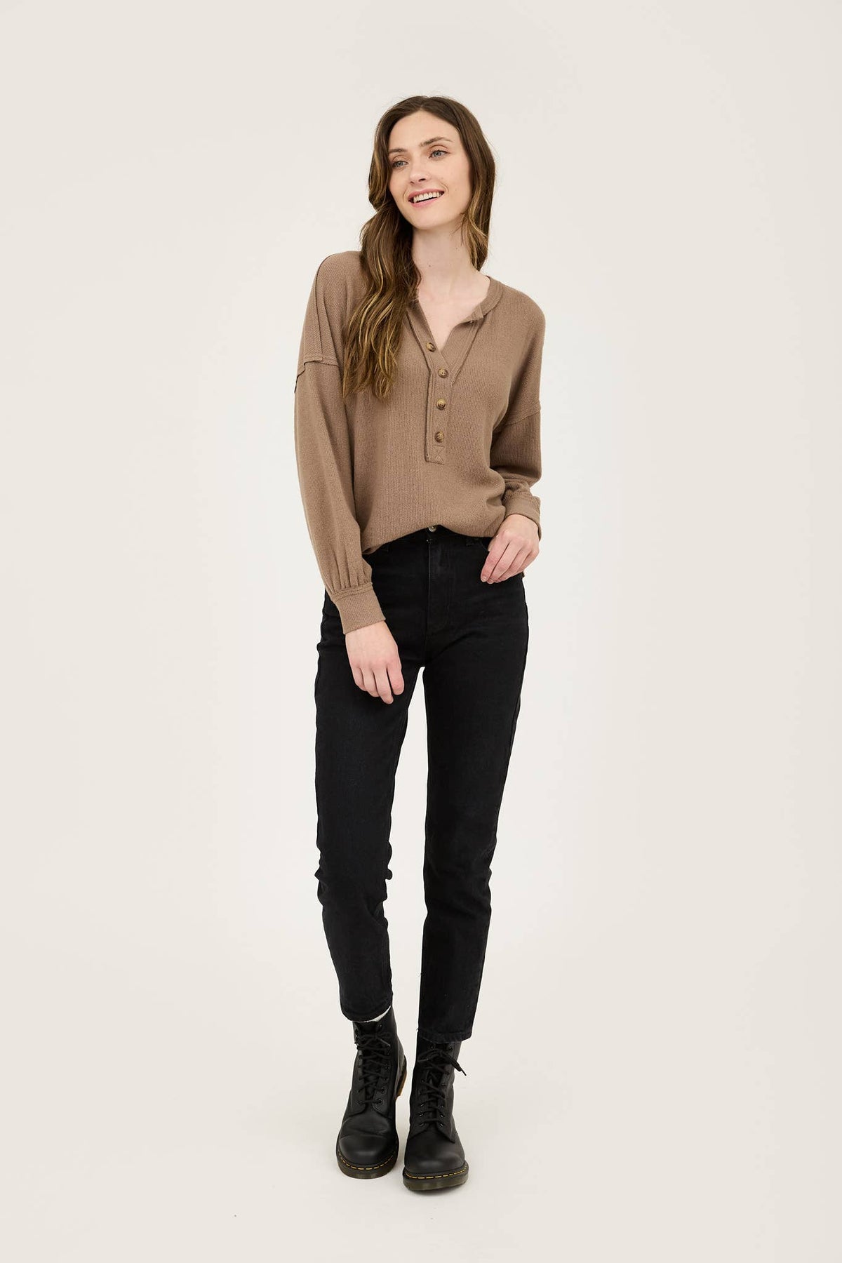 V-Neck Half Button Long Sleeved  Exposed Seam Top