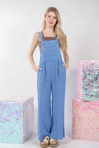 Blue Washed Gauze Casual Comfy Jumpsuit - Front