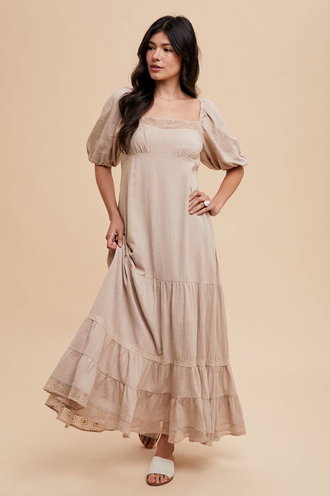 Linen Color Lace Inset Maxi Dress