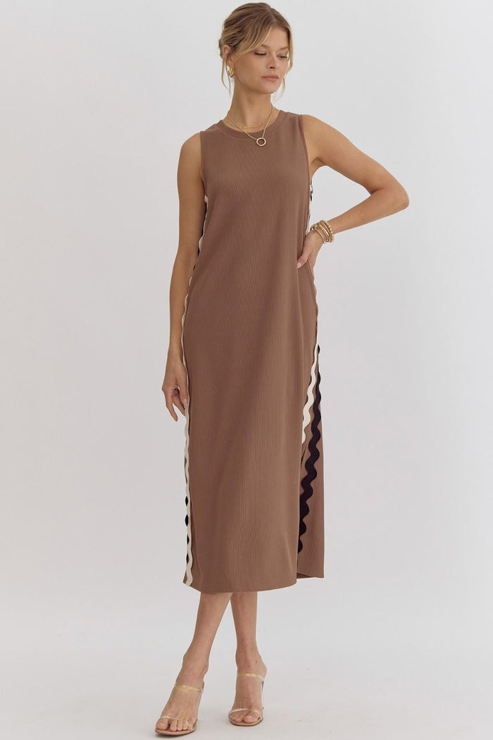 Brown Solid Ribbed Midi Tank Dress with Ricrac Trim