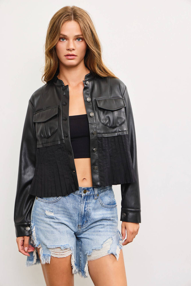 Black Pleated Leather Jacket