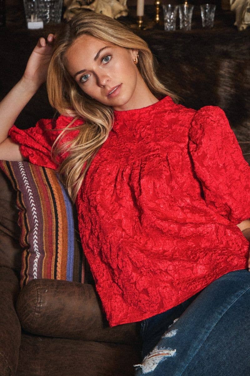 Plus Floral Jacquard Balloon Sleeve Blouse