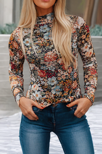 Floral Long Sleeve High Neck Sheath Mesh Blouse